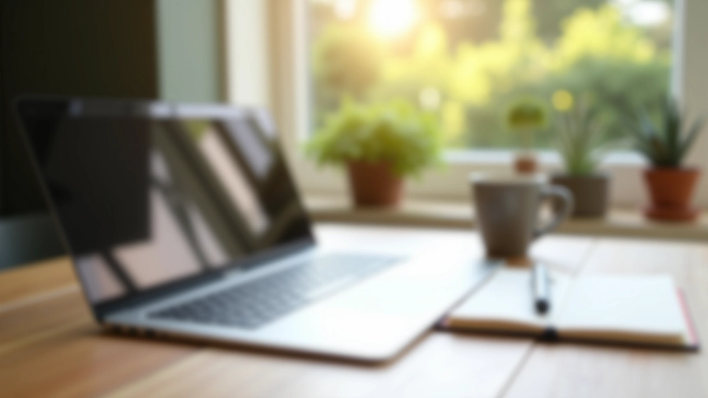 Modern workspace with laptop and notebooks, morning natural light streaming through window