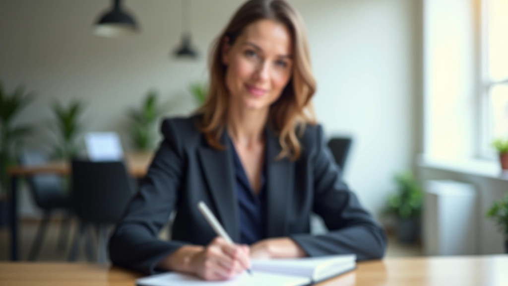 Woman in professional setting writing notes at wooden desk with focused, calm expression, natural light