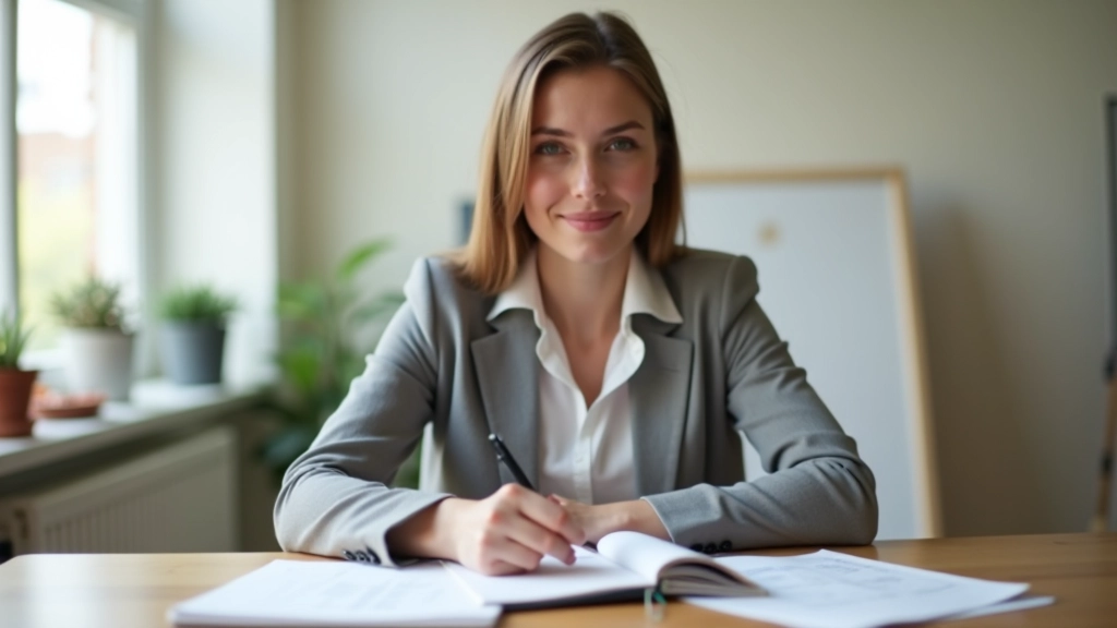 Woman sitting at desk writing in notebook with focused expression, natural morning light